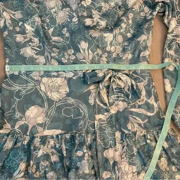 Marchesa Notte Long Sleeved V-neck Tiered Chiffon
Mini Dress in Sage - Picture 13 of 16